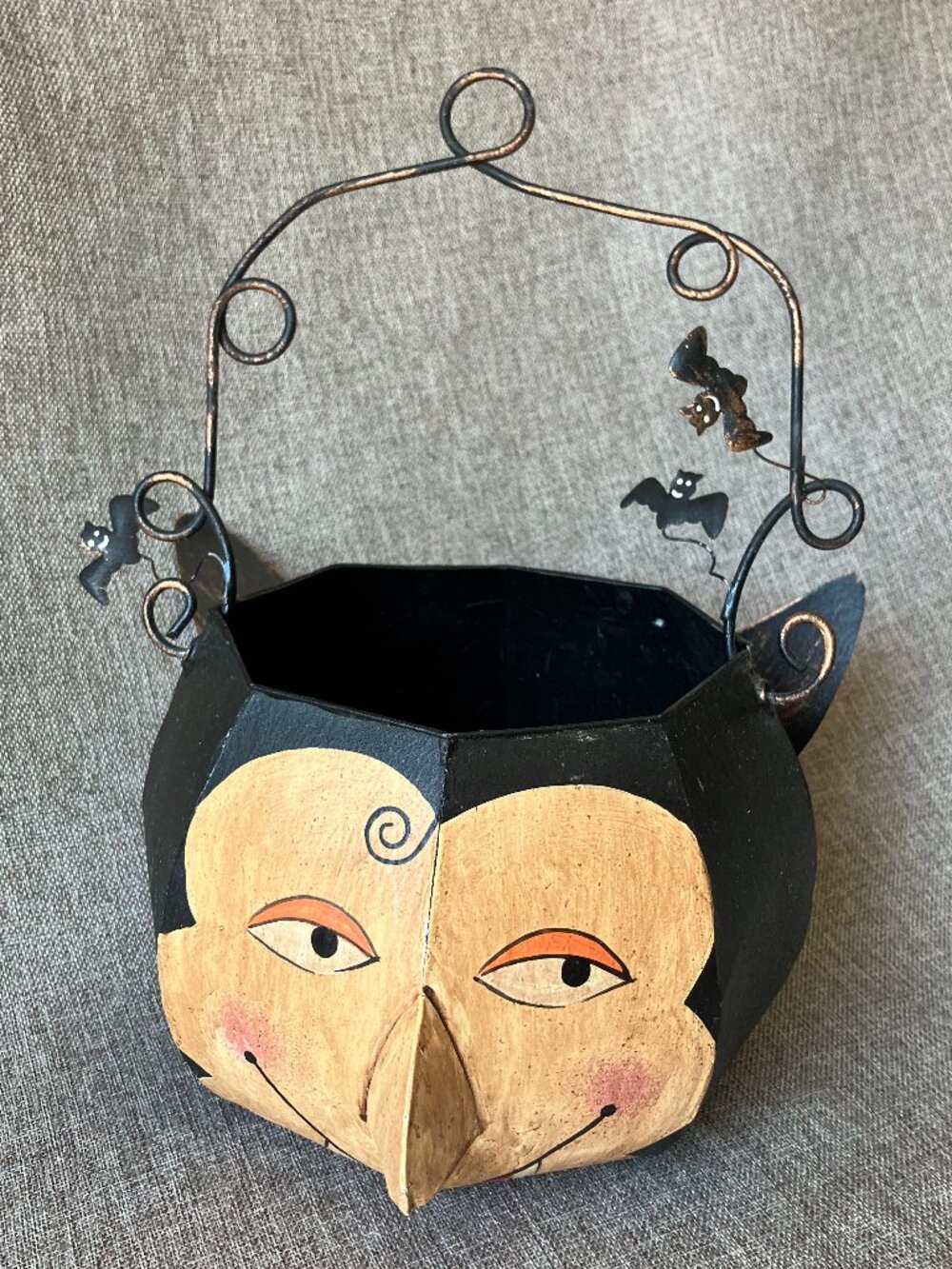 Dracula Handpainted Tin Hanging Bucket with Little Bats Halloween Decor